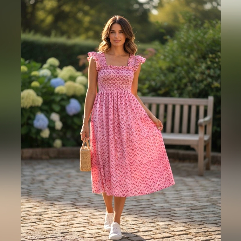 Hill House Pink Floral Midi Dress
